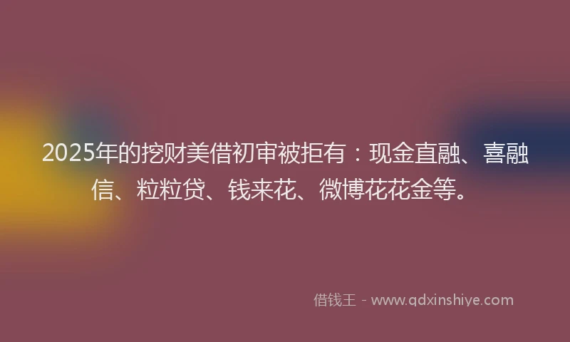 2025年的挖财美借初审被拒有：现金直融、喜融信、粒粒贷、钱来花、微博花花金等。