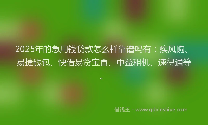 2025年的急用钱贷款怎么样靠谱吗有：疾风购、易捷钱包、快借易贷宝盒、中益租机、速得通等。