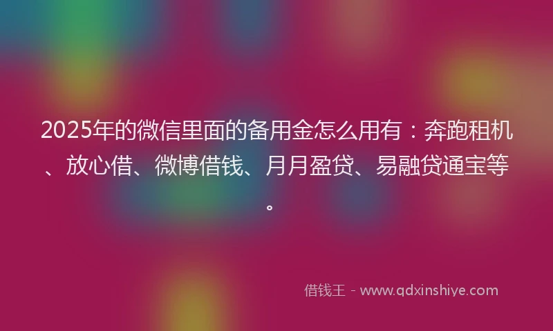 2025年的微信里面的备用金怎么用有：奔跑租机、放心借、微博借钱、月月盈贷、易融贷通宝等。