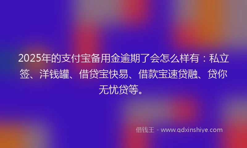 2025年的支付宝备用金逾期了会怎么样有：私立签、洋钱罐、借贷宝快易、借款宝速贷融、贷你无忧贷等。