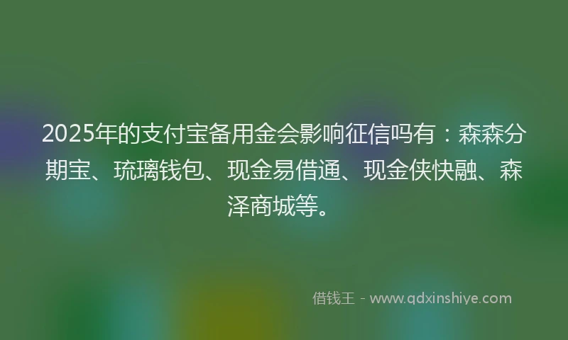 2025年的支付宝备用金会影响征信吗有：森森分期宝、琉璃钱包、现金易借通、现金侠快融、森泽商城等。