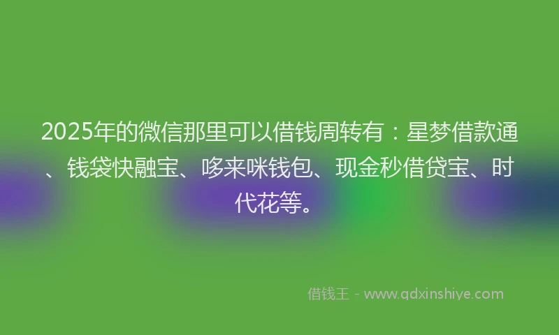 2025年的微信那里可以借钱周转有：星梦借款通、钱袋快融宝、哆来咪钱包、现金秒借贷宝、时代花等。