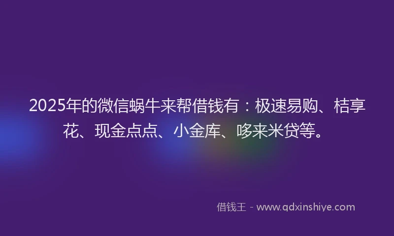 2025年的微信蜗牛来帮借钱有：极速易购、桔享花、现金点点、小金库、哆来米贷等。