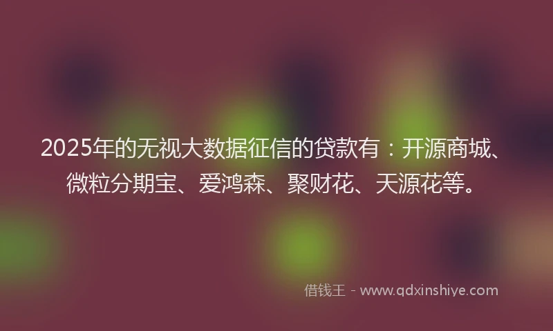 2025年的无视大数据征信的贷款有：开源商城、微粒分期宝、爱鸿森、聚财花、天源花等。