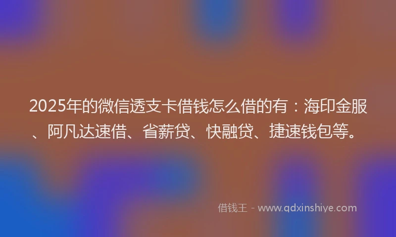 2025年的微信透支卡借钱怎么借的有：海印金服、阿凡达速借、省薪贷、快融贷、捷速钱包等。