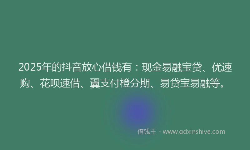 2025年的抖音放心借钱有：现金易融宝贷、优速购、花呗速借、翼支付橙分期、易贷宝易融等。