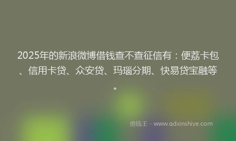 2025年的新浪微博借钱查不查征信有：便荔卡包、信用卡贷、众安贷、玛瑙分期、快易贷宝融等。