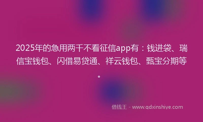 2025年的急用两千不看征信app有：钱进袋、瑞信宝钱包、闪借易贷通、祥云钱包、甄宝分期等。