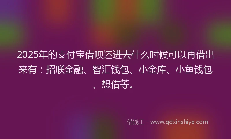 2025年的支付宝借呗还进去什么时候可以再借出来有：招联金融、智汇钱包、小金库、小鱼钱包、想借等。