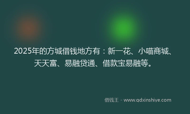 2025年的方城借钱地方有：新一花、小喵商城、天天富、易融贷通、借款宝易融等。