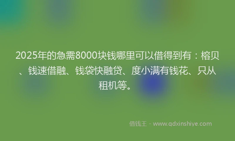 2025年的急需8000块钱哪里可以借得到有：榕贝、钱速借融、钱袋快融贷、度小满有钱花、只从租机等。