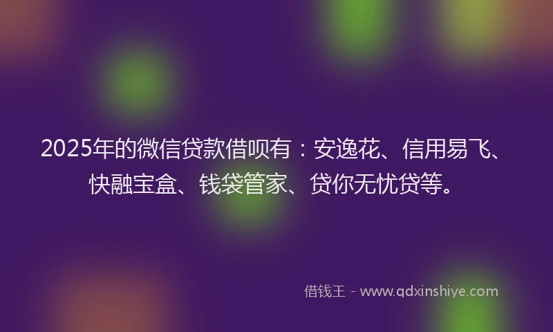 2025年的微信贷款借呗有：安逸花、信用易飞、快融宝盒、钱袋管家、贷你无忧贷等。