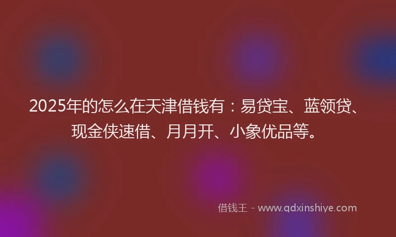2025年的怎么在天津借钱有：易贷宝、蓝领贷、现金侠速借、月月开、小象优品等。