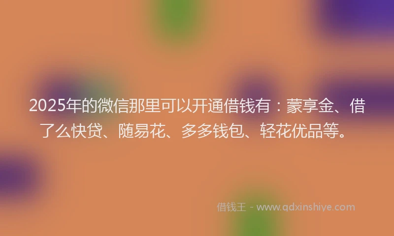 2025年的微信那里可以开通借钱有：蒙享金、借了么快贷、随易花、多多钱包、轻花优品等。