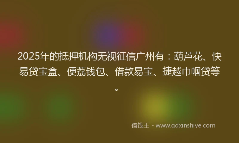 2025年的抵押机构无视征信广州有：葫芦花、快易贷宝盒、便荔钱包、借款易宝、捷越巾帼贷等。
