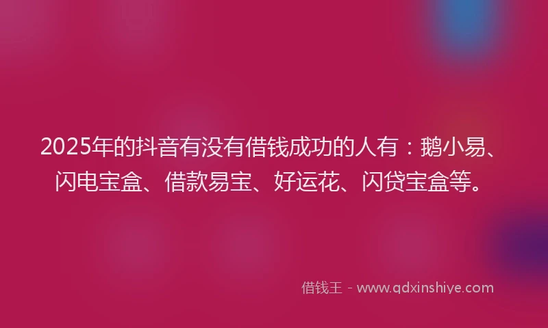 2025年的抖音有没有借钱成功的人有：鹅小易、闪电宝盒、借款易宝、好运花、闪贷宝盒等。