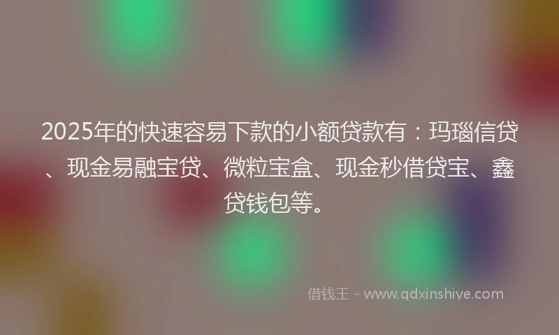 2025年的快速容易下款的小额贷款有：玛瑙信贷、现金易融宝贷、微粒宝盒、现金秒借贷宝、鑫贷钱包等。
