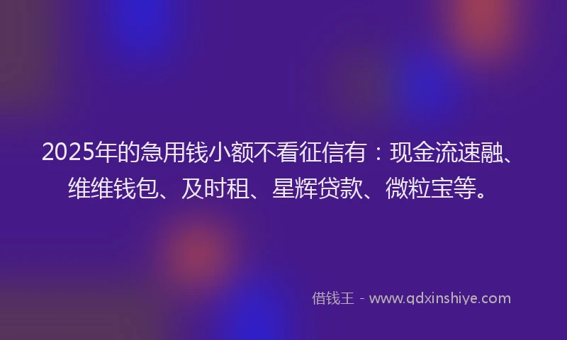 2025年的急用钱小额不看征信有：现金流速融、维维钱包、及时租、星辉贷款、微粒宝等。