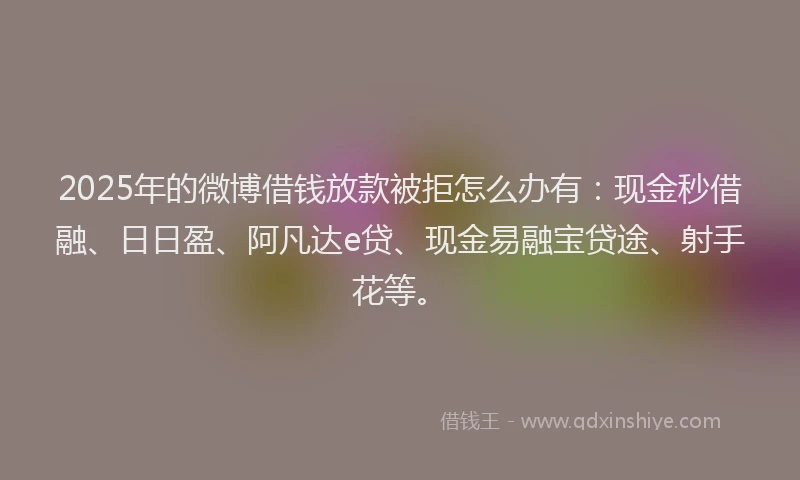 2025年的微博借钱放款被拒怎么办有：现金秒借融、日日盈、阿凡达e贷、现金易融宝贷途、射手花等。