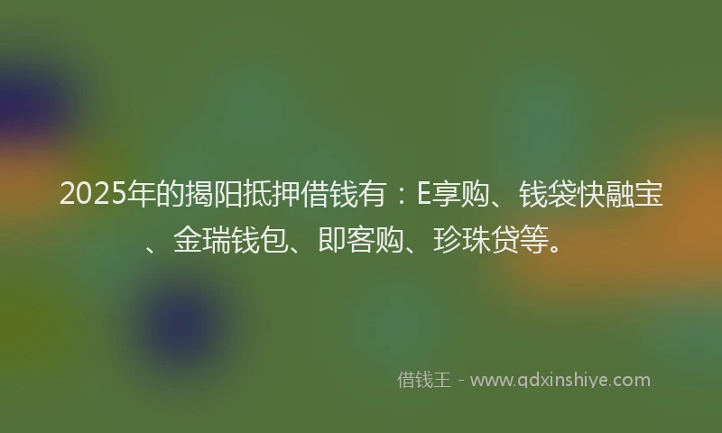 2025年的揭阳抵押借钱有：E享购、钱袋快融宝、金瑞钱包、即客购、珍珠贷等。