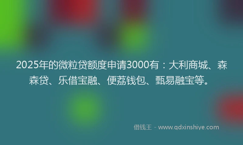 2025年的微粒贷额度申请3000有：大利商城、森森贷、乐借宝融、便荔钱包、甄易融宝等。