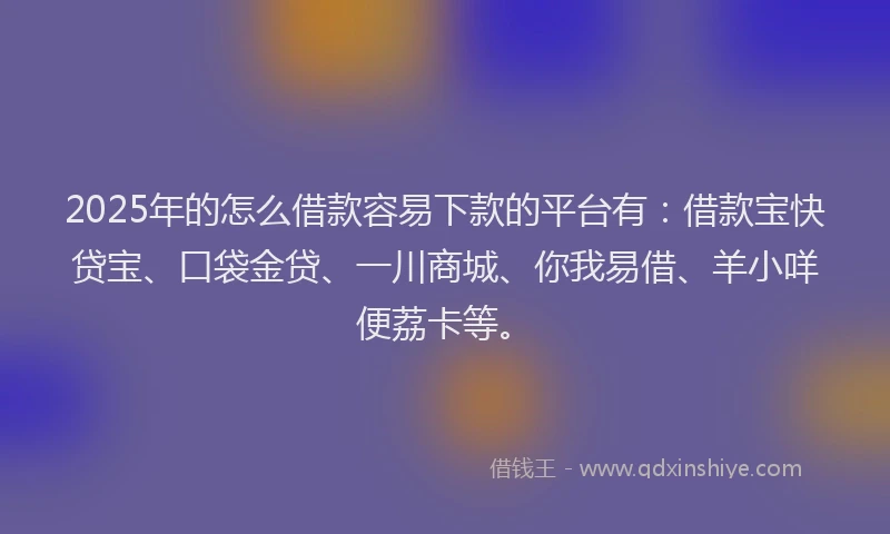 2025年的怎么借款容易下款的平台有：借款宝快贷宝、口袋金贷、一川商城、你我易借、羊小咩便荔卡等。