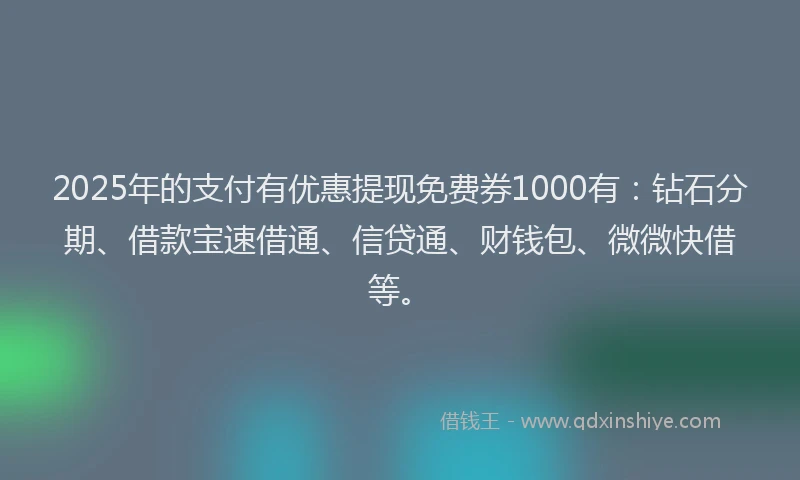 2025年的支付有优惠提现免费券1000有：钻石分期、借款宝速借通、信贷通、财钱包、微微快借等。