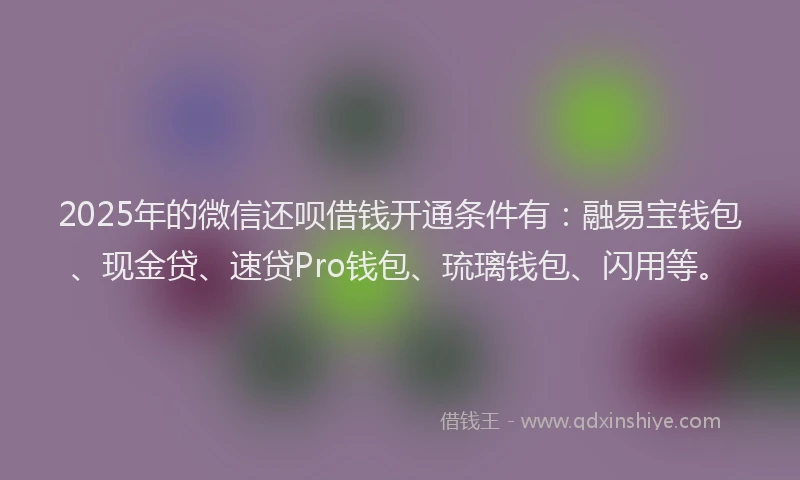 2025年的微信还呗借钱开通条件有：融易宝钱包、现金贷、速贷Pro钱包、琉璃钱包、闪用等。