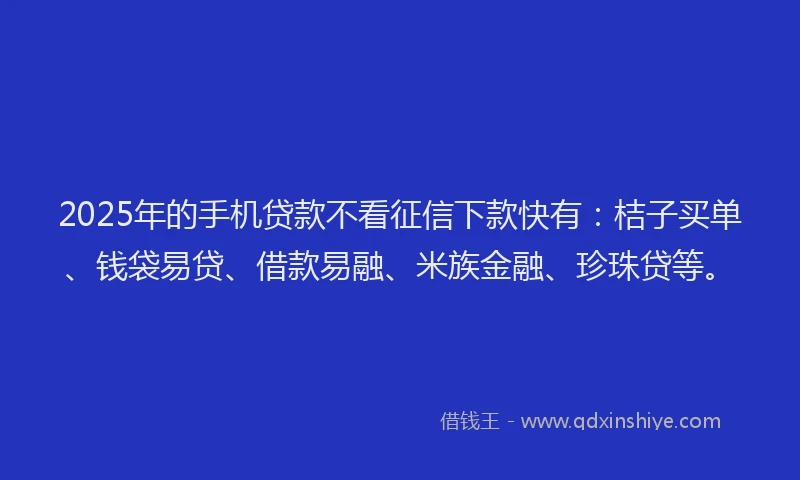 2025年的手机贷款不看征信下款快有：桔子买单、钱袋易贷、借款易融、米族金融、珍珠贷等。
