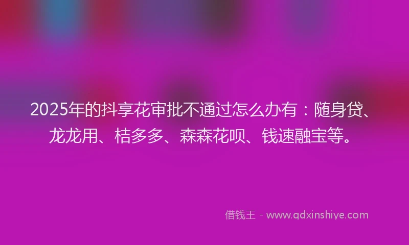 2025年的抖享花审批不通过怎么办有：随身贷、龙龙用、桔多多、森森花呗、钱速融宝等。