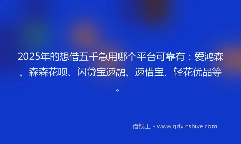 2025年的想借五千急用哪个平台可靠有：爱鸿森、森森花呗、闪贷宝速融、速借宝、轻花优品等。