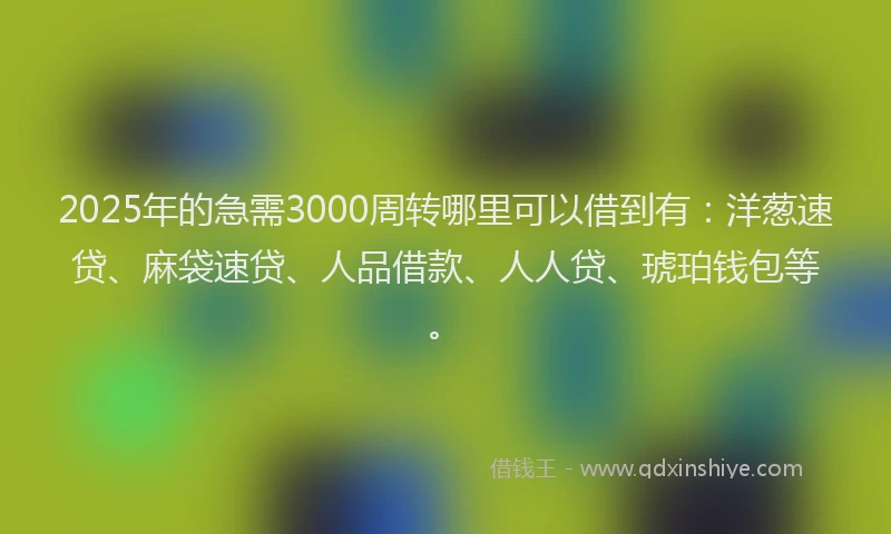 2025年的急需3000周转哪里可以借到有：洋葱速贷、麻袋速贷、人品借款、人人贷、琥珀钱包等。