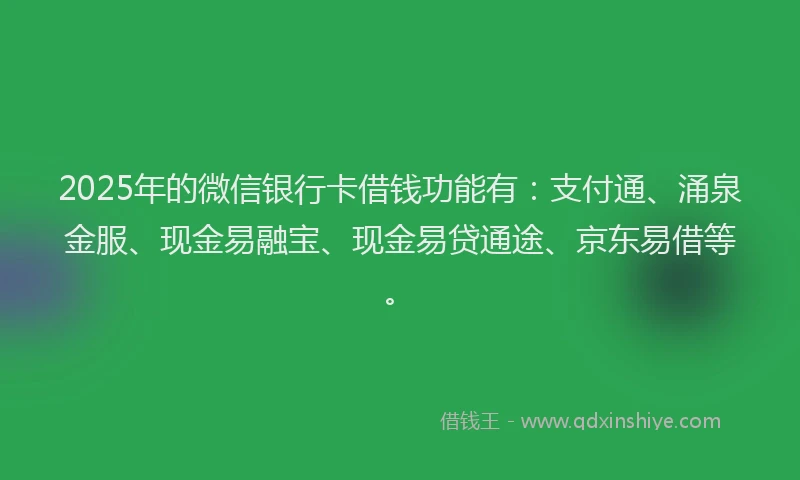 2025年的微信银行卡借钱功能有：支付通、涌泉金服、现金易融宝、现金易贷通途、京东易借等。