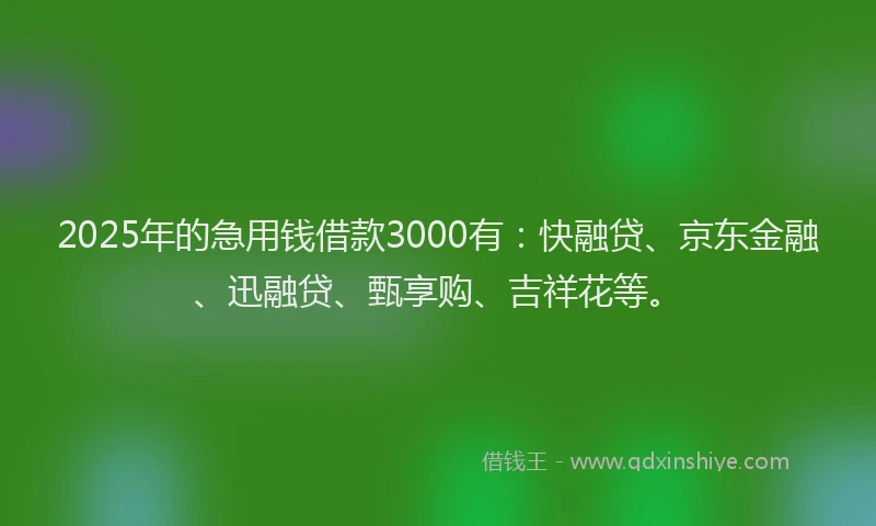 2025年的急用钱借款3000有：快融贷、京东金融、迅融贷、甄享购、吉祥花等。
