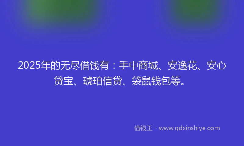 2025年的无尽借钱有：手中商城、安逸花、安心贷宝、琥珀信贷、袋鼠钱包等。