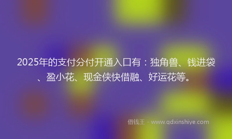 2025年的支付分付开通入口有：独角兽、钱进袋、盈小花、现金侠快借融、好运花等。