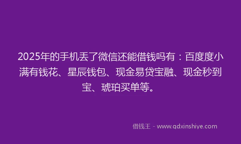 2025年的手机丢了微信还能借钱吗有：百度度小满有钱花、星辰钱包、现金易贷宝融、现金秒到宝、琥珀买单等。