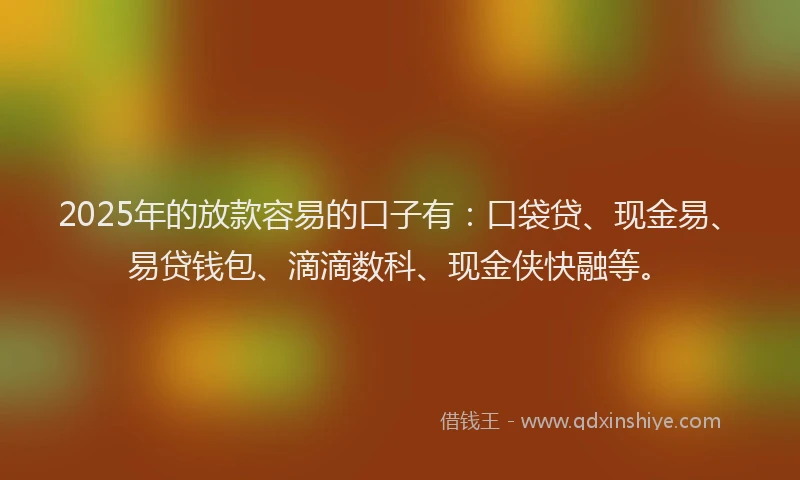 2025年的放款容易的口子有：口袋贷、现金易、易贷钱包、滴滴数科、现金侠快融等。