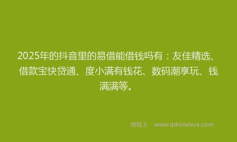 2025年的抖音里的易借能借钱吗有：友佳精选、借款宝快贷通、度小满有钱花、数码潮享玩、钱满满等。