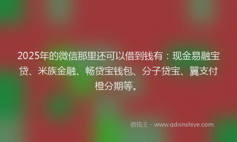 2025年的微信那里还可以借到钱有：现金易融宝贷、米族金融、畅贷宝钱包、分子贷宝、翼支付橙分期等。