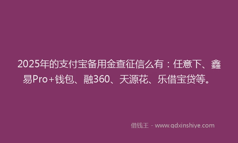 2025年的支付宝备用金查征信么有：任意下、鑫易Pro+钱包、融360、天源花、乐借宝贷等。