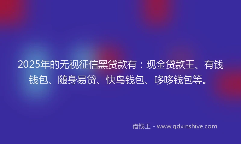 2025年的无视征信黑贷款有：现金贷款王、有钱钱包、随身易贷、快鸟钱包、哆哆钱包等。
