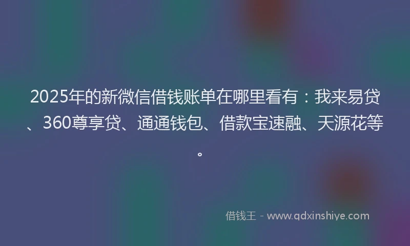 2025年的新微信借钱账单在哪里看有：我来易贷、360尊享贷、通通钱包、借款宝速融、天源花等。