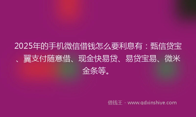 2025年的手机微信借钱怎么要利息有：甄信贷宝、翼支付随意借、现金快易贷、易贷宝易、微米金条等。