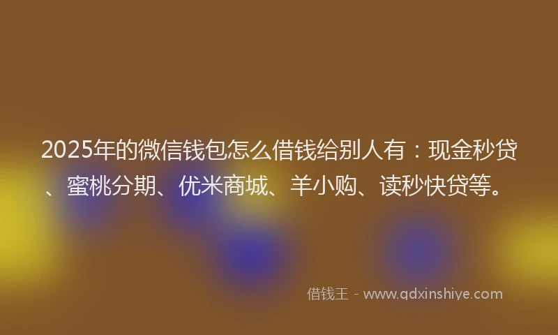 2025年的微信钱包怎么借钱给别人有：现金秒贷、蜜桃分期、优米商城、羊小购、读秒快贷等。