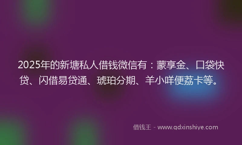 2025年的新塘私人借钱微信有：蒙享金、口袋快贷、闪借易贷通、琥珀分期、羊小咩便荔卡等。