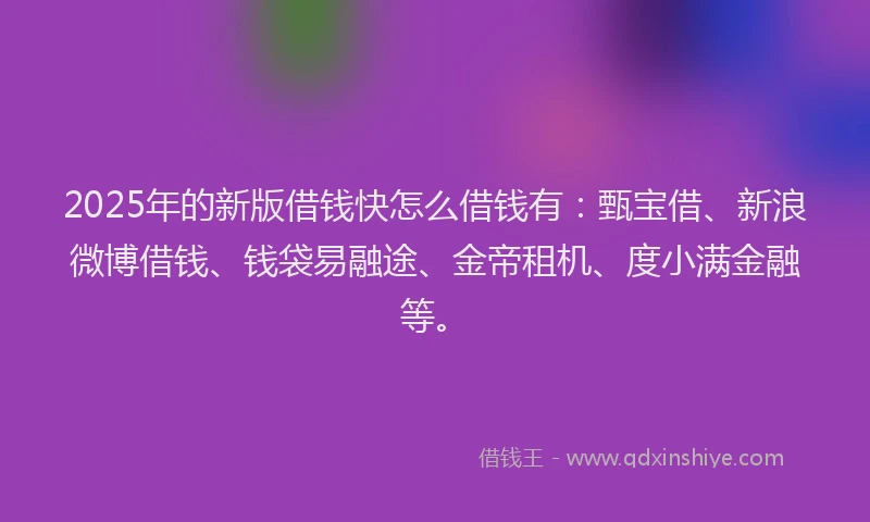 2025年的新版借钱快怎么借钱有：甄宝借、新浪微博借钱、钱袋易融途、金帝租机、度小满金融等。