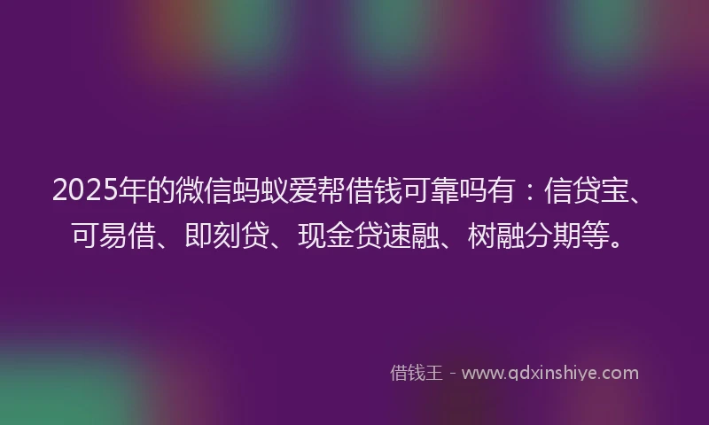 2025年的微信蚂蚁爱帮借钱可靠吗有：信贷宝、可易借、即刻贷、现金贷速融、树融分期等。