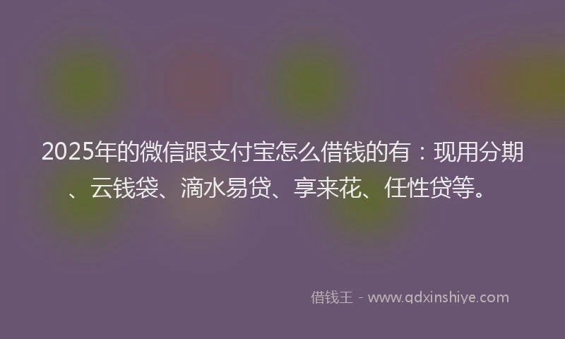 2025年的微信跟支付宝怎么借钱的有：现用分期、云钱袋、滴水易贷、享来花、任性贷等。