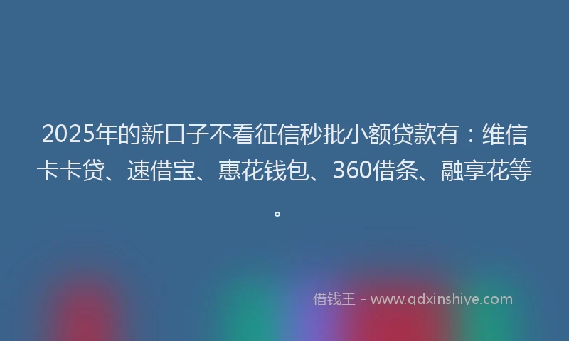 2025年的新口子不看征信秒批小额贷款有：维信卡卡贷、速借宝、惠花钱包、360借条、融享花等。